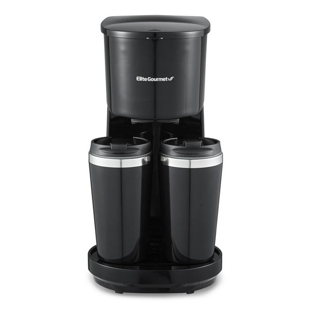Elite Gourmet Dual Coffee Maker with Two Stainless Steel Interior Travel Mugs, Black
