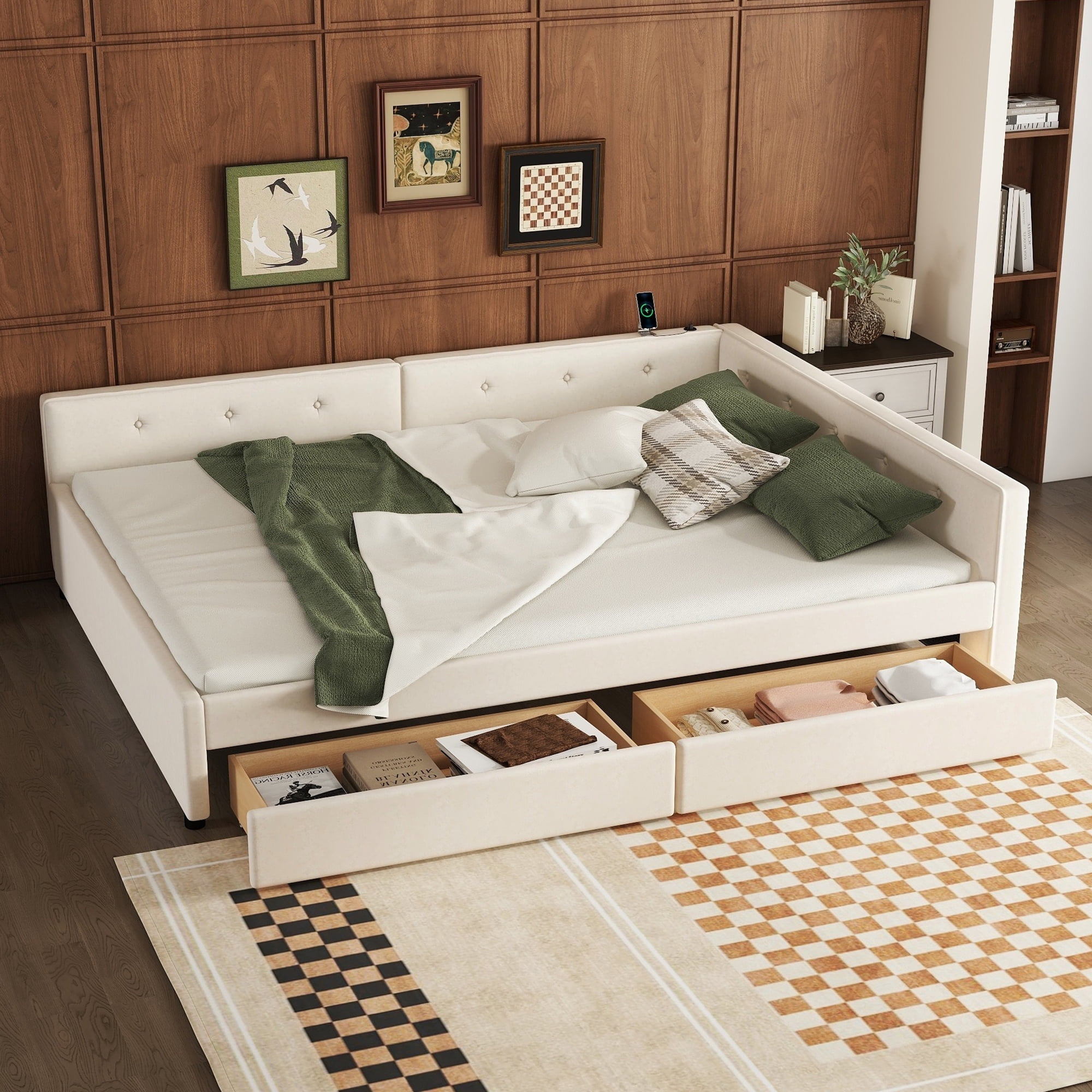DreamBuck Queen Size Daybed with 2 Drawers, Wood Upholstered Bed Frame with USB Port and Storage, Linen Fabric Daybed, Queen Bed Frames for Bedroom, Living Room, No Box Spring Needed