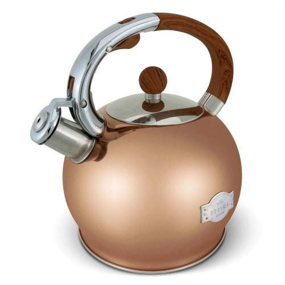 Elitra Stove Top Whistling Fancy Kettle - Stainless Steel Tea Pot with Ergonomic Handle - 2.7 Qt / 2.6 L - Rose Gold