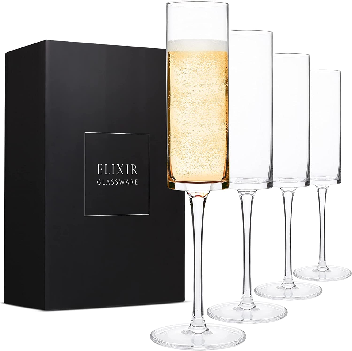 Elixir Crystal Champagne Flutes Glassware - Set of 4 Modern 6oz Edge Champagne Glasses, Ideal Gift