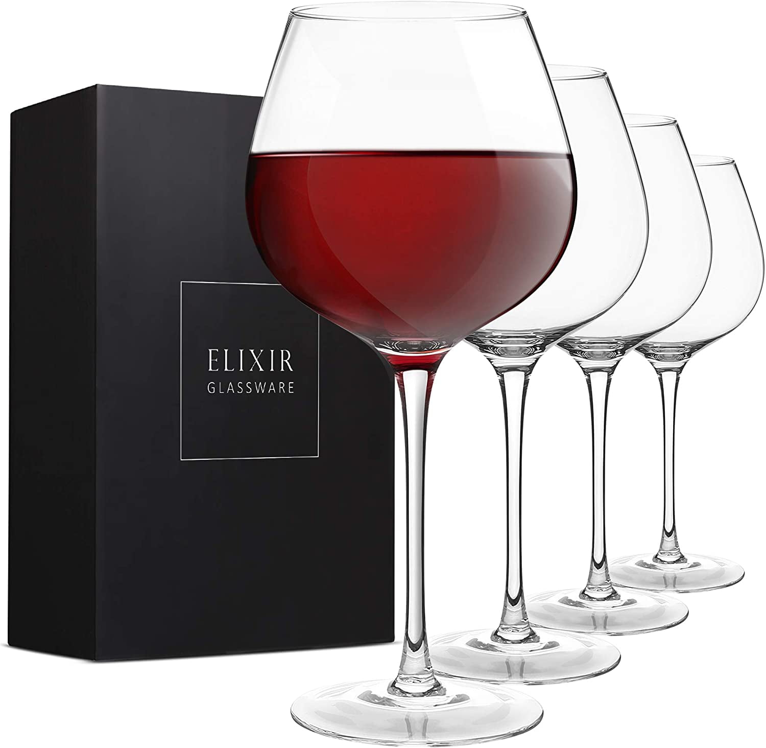 Elixir Glassware Red Wine Glasses - Set of 4 Hand Blown Large Wine Glasses - Long Stem Wine Glasses, Premium Crystal - 22oz, Clear