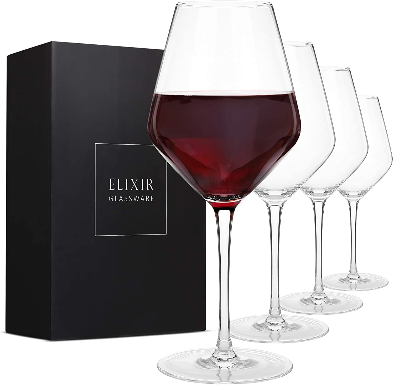 Elixir Glassware Red Wine Glasses - Set of 4 Hand Blown Large Wine Glasses - Long Stem Wine Glasses, Premium Crystal - 22oz, Clear