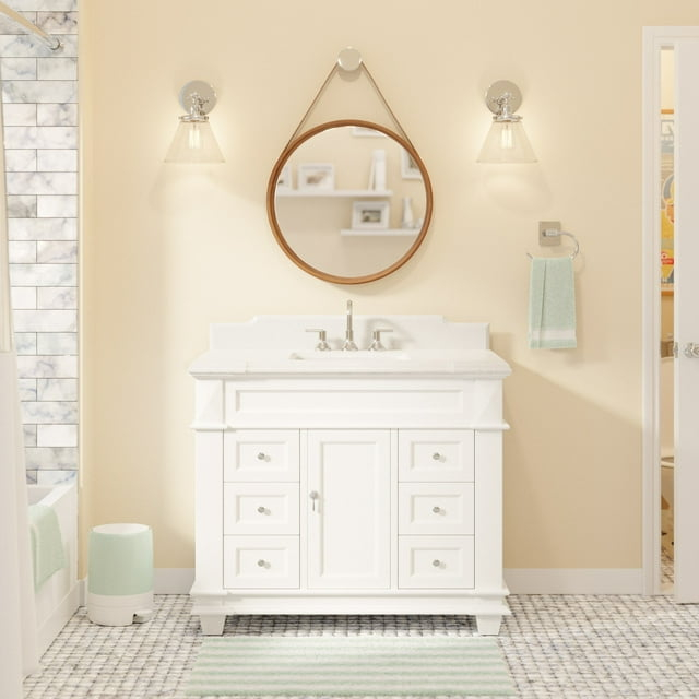 Elizabeth 42" Bathroom Vanity with White Cabinet and Quartz Top
