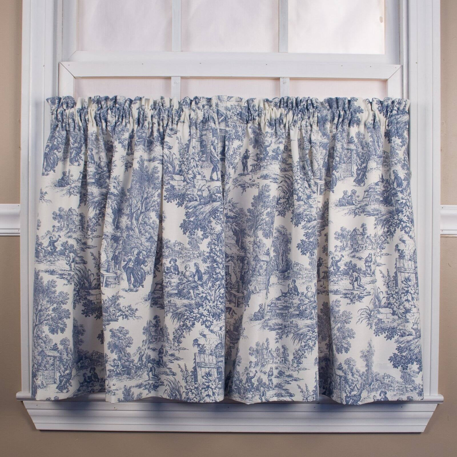 Ellis Curtain Victoria Park Toile Room Darkening Window Rod Pocket Pair Set With 2 Tiers - 2-Piece - 68x36", Blue