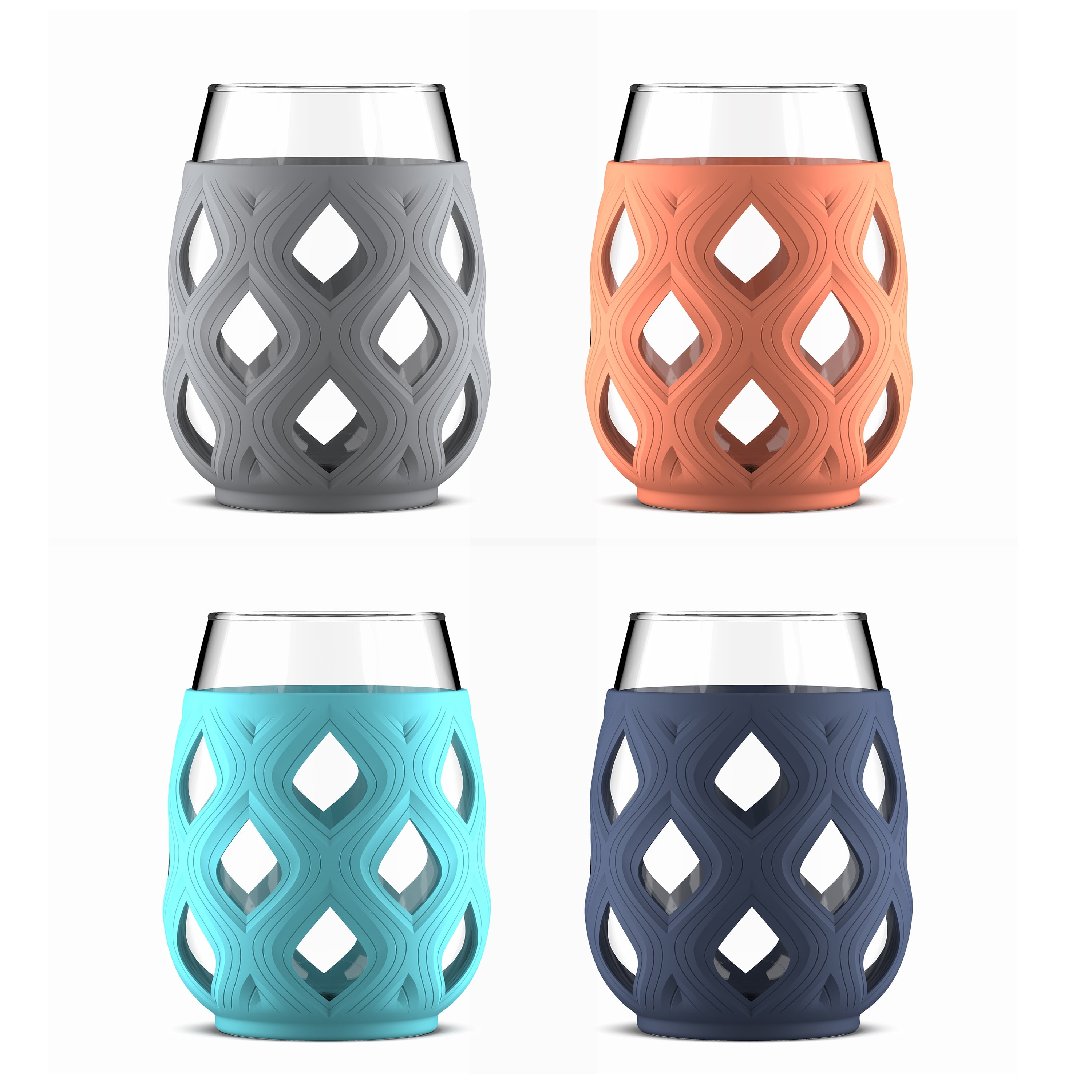 Ello Cru Stemless Wine Glass Set with Silicone Protection, 4 Pack, Paloma