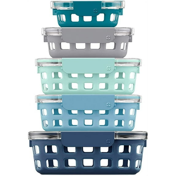 Ello Duraglass BLUE Glass Food Container - Silicone Protection, 10PC Set