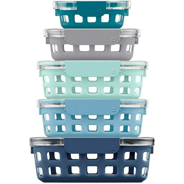 Ello Duraglass BLUE Glass Food Container - Silicone Protection, 10PC Set