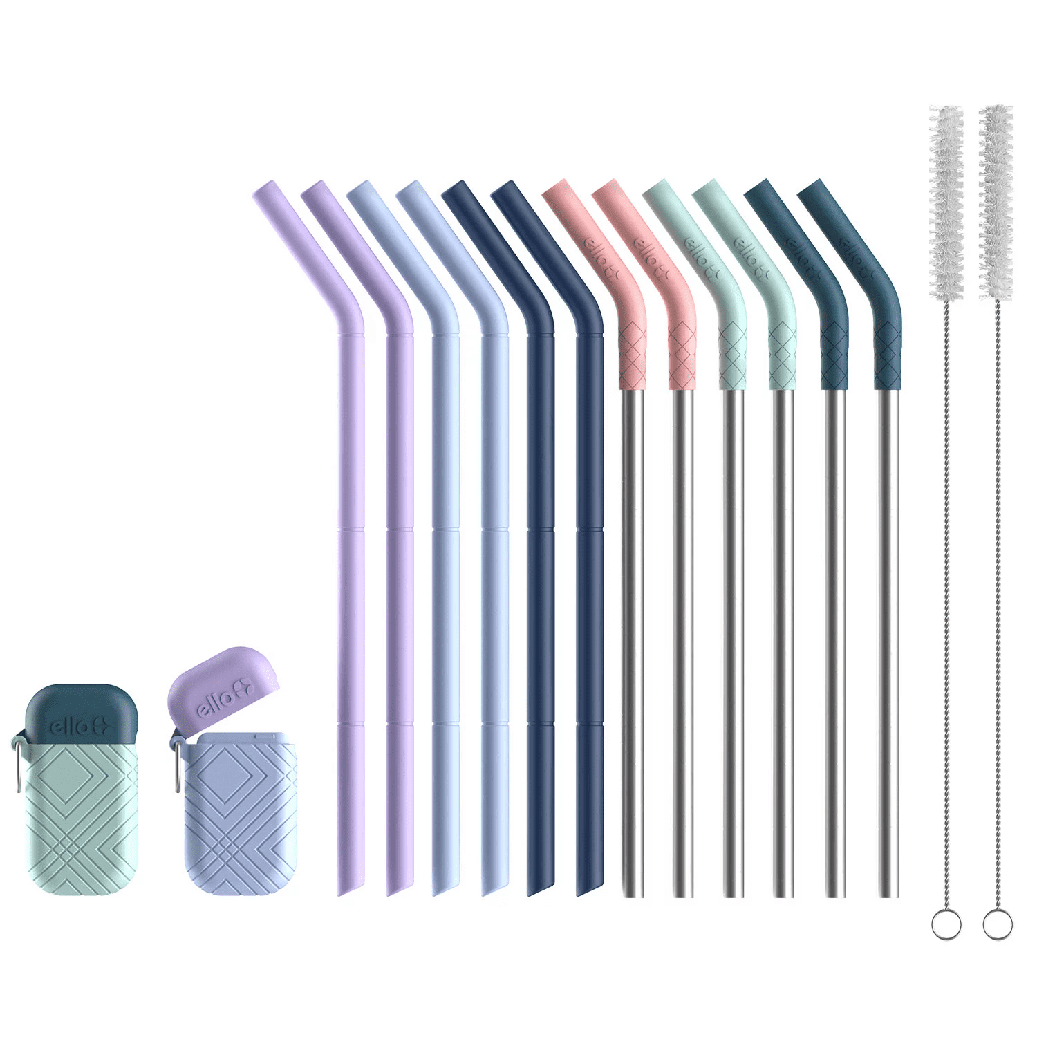Ello 16-Piece Reusable Straw Set with 2 Carrying Cases & 2 Cleaning Brushes