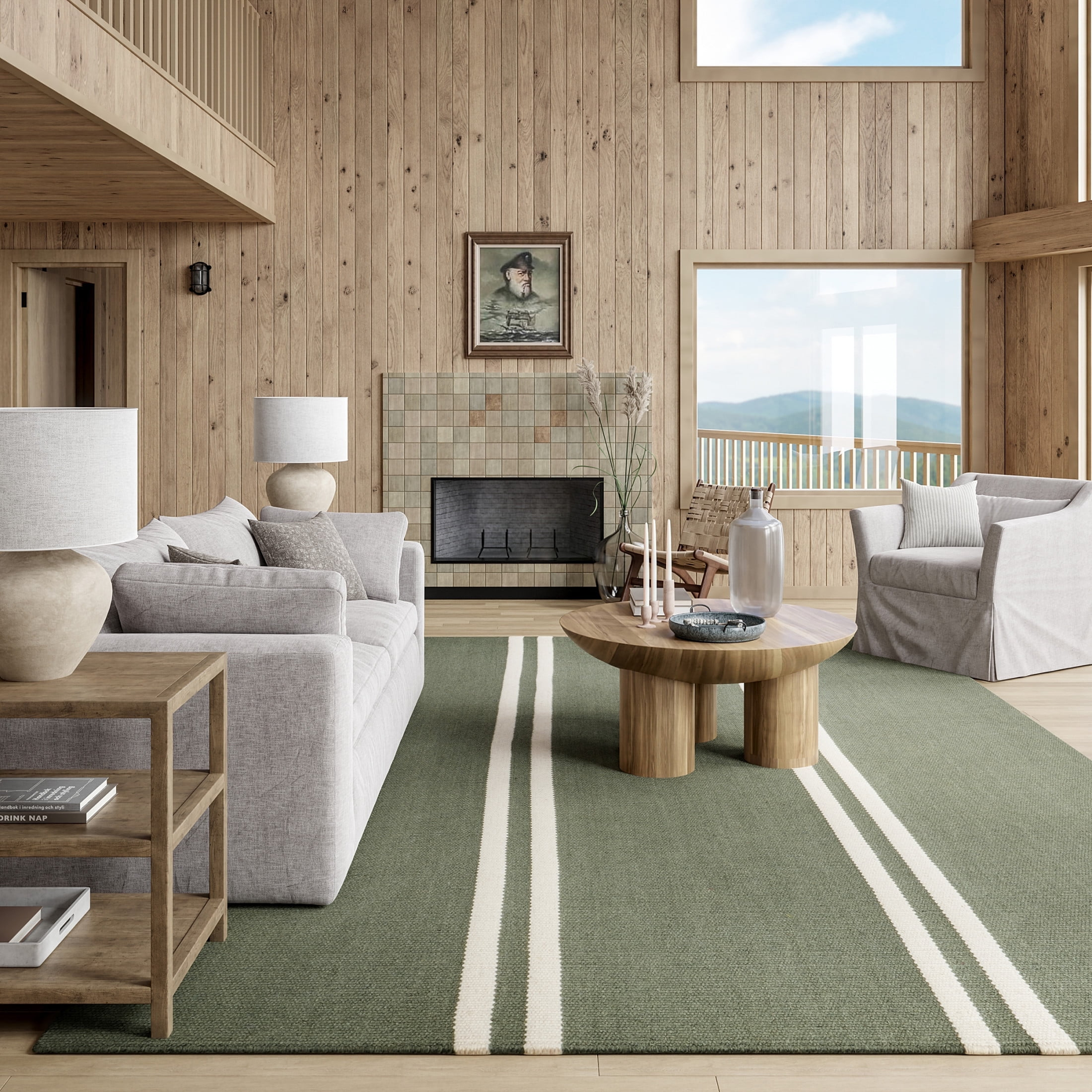 Rugs USA Elowen Double Striped Wool Area Rug, 9' 6" x 13' 6", Elowen Sage Green