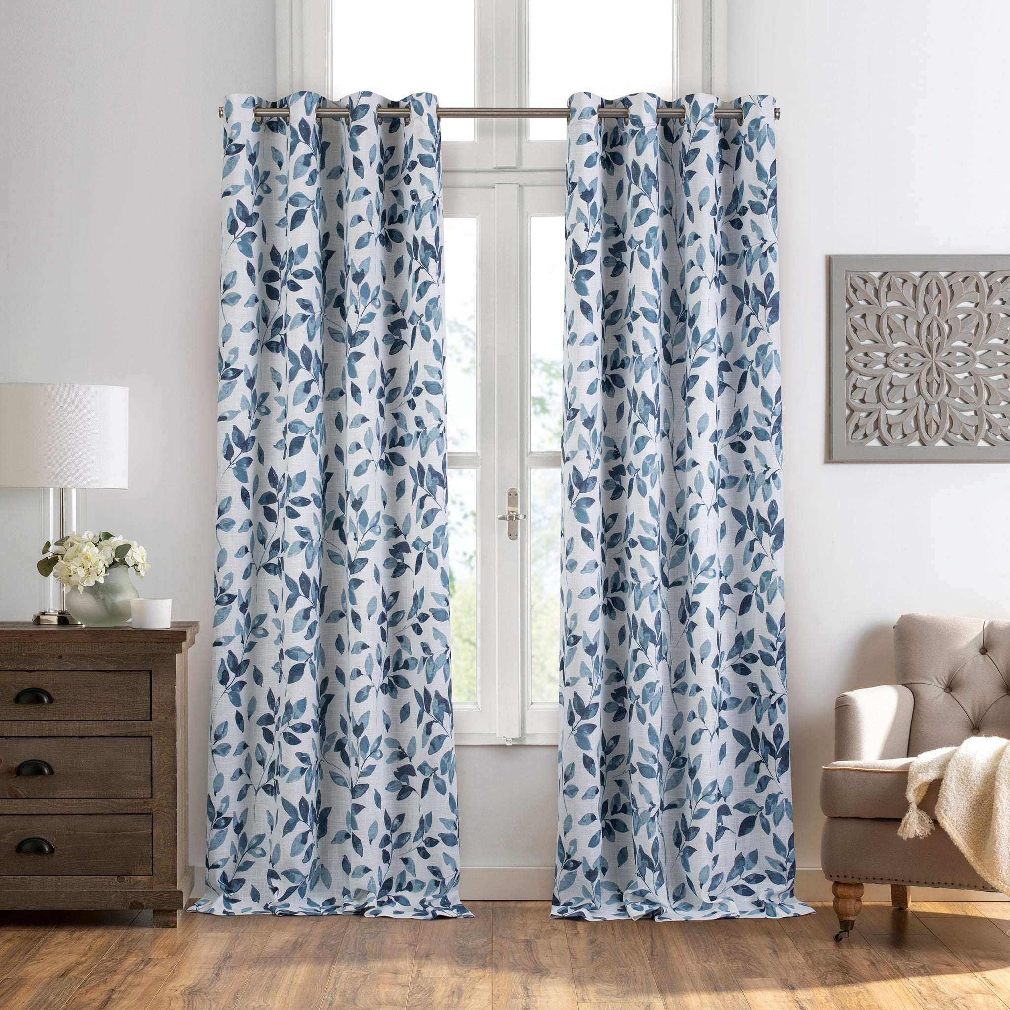 Avalon Botanical Floral Leaf Print Cottagecore Single Blackout Window Curtain Panel - 52" x 95" - Indigo - Elrene Home Fashions
