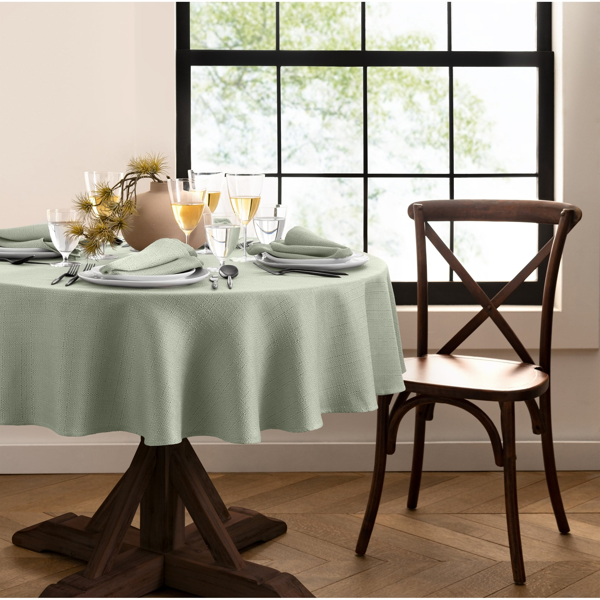 Laurel Solid Texture Water and Stain Resistant Tablecloth - 90" Round - Sage - Elrene Home Fashions