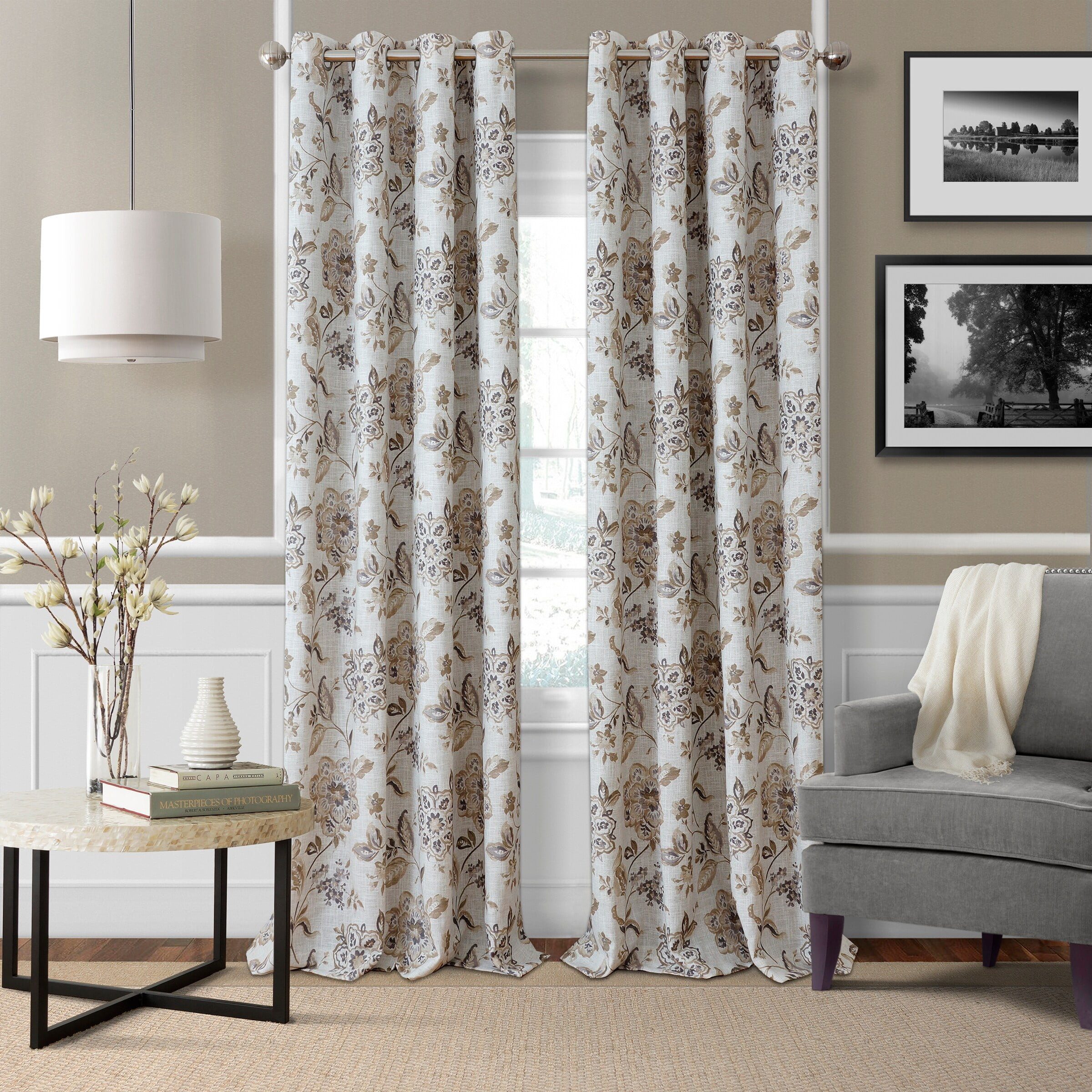 Elrene  Sorrento Floral Window Curtain Panel Natural 52" W X 95" L 95 Inches