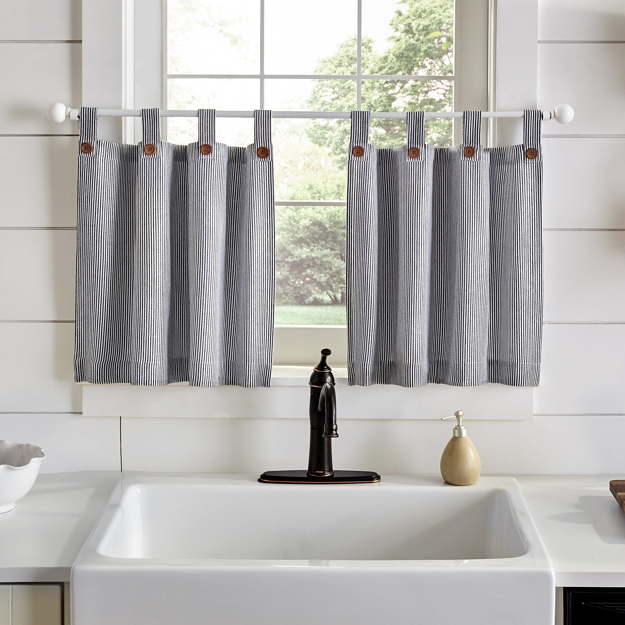 Elrene Tucker Ticking Stripe Kitchen Curtain Tier Set Black 30"w x 24"l