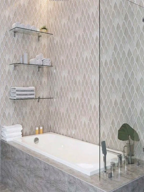Elysian 9 X 10 In. Polished Wooden Beige, White Marble Mosaic Fan, Fish Scale Wall And Floor Tile (3 Sq Ft/Case) - 5 Pack