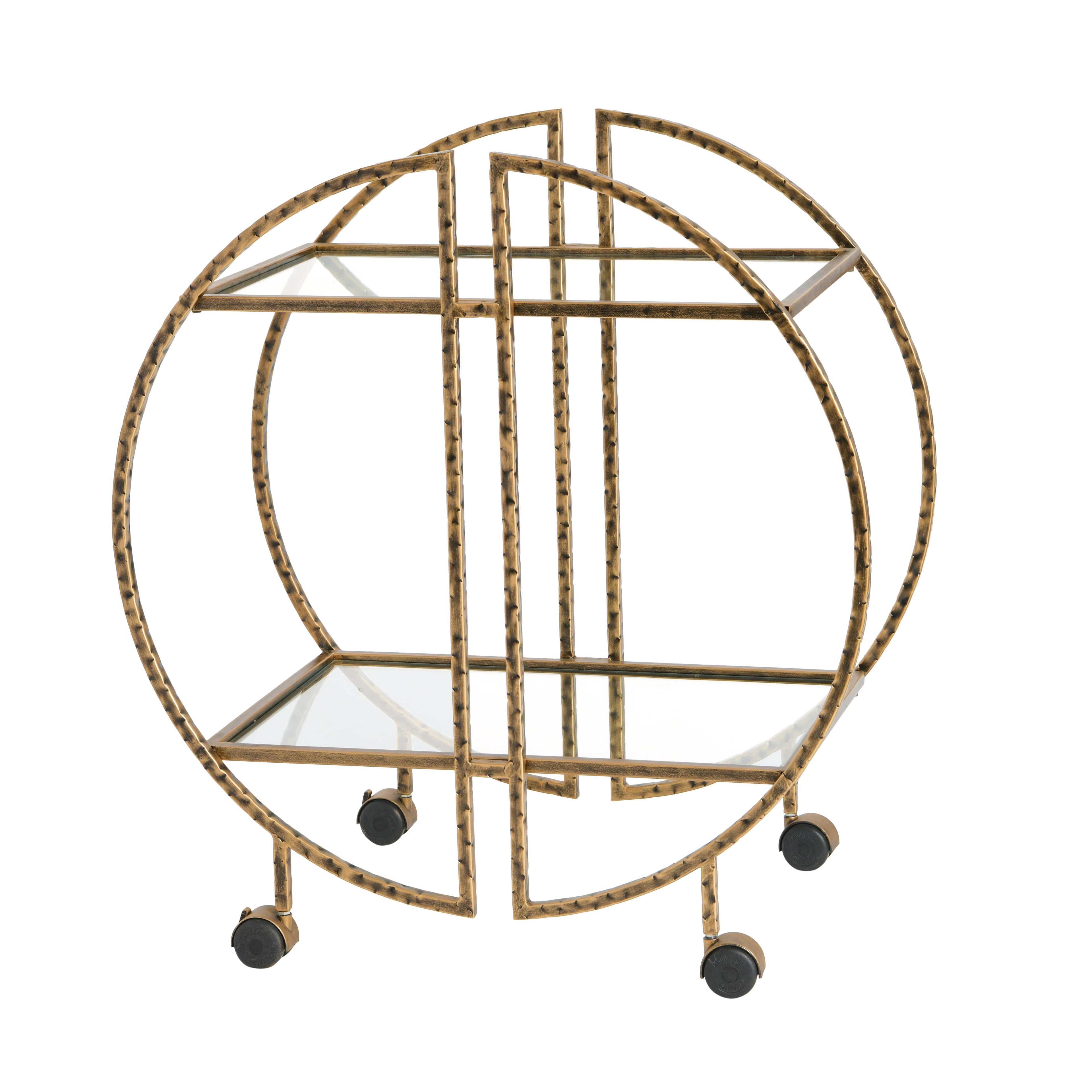 Ember Interiors Modern Round Hammered Brass Bar Cart with Wheels
