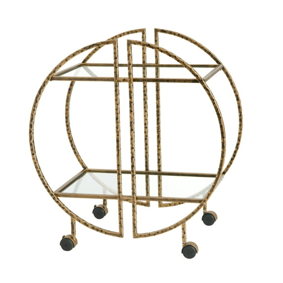 Ember Interiors Modern Round Hammered Brass Bar Cart with Wheels