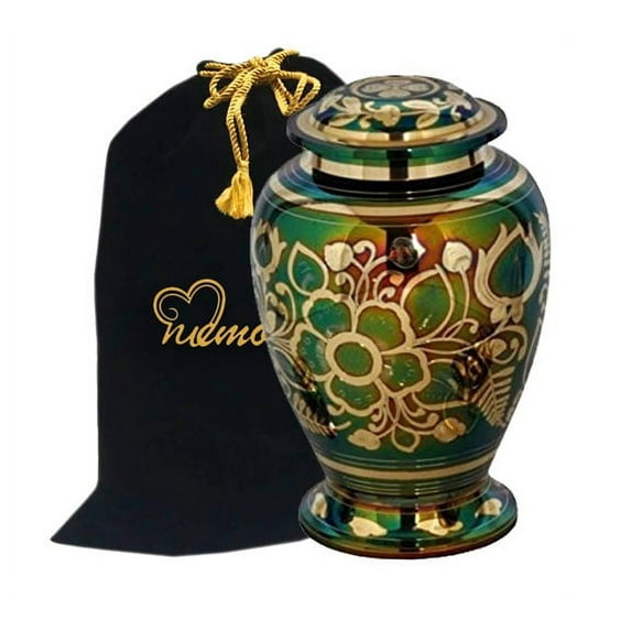 Emerald Green Cremation Urn - Green Urn with Gold Accents - Adult Funeral Urn Handcrafted and Engraved - Affordable Urn for Ashes - Large Urn Deal.