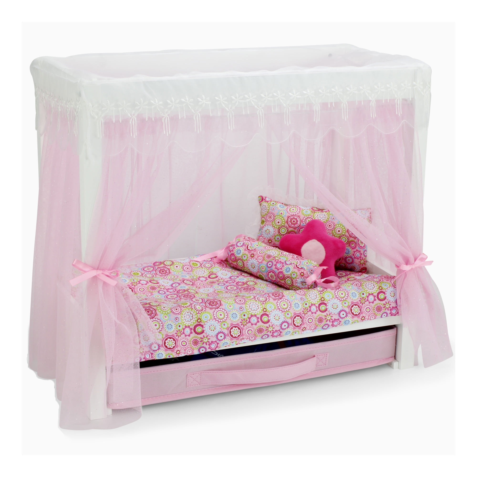 Emily Rose 18 Inch Doll Furniture | 18" Doll Canopy Single Bed with Doll Clothes Storage Drawer | Doll Bed Includes a 5 Piece Colorful Bedding Set | Fits 15" - 18" Dolls