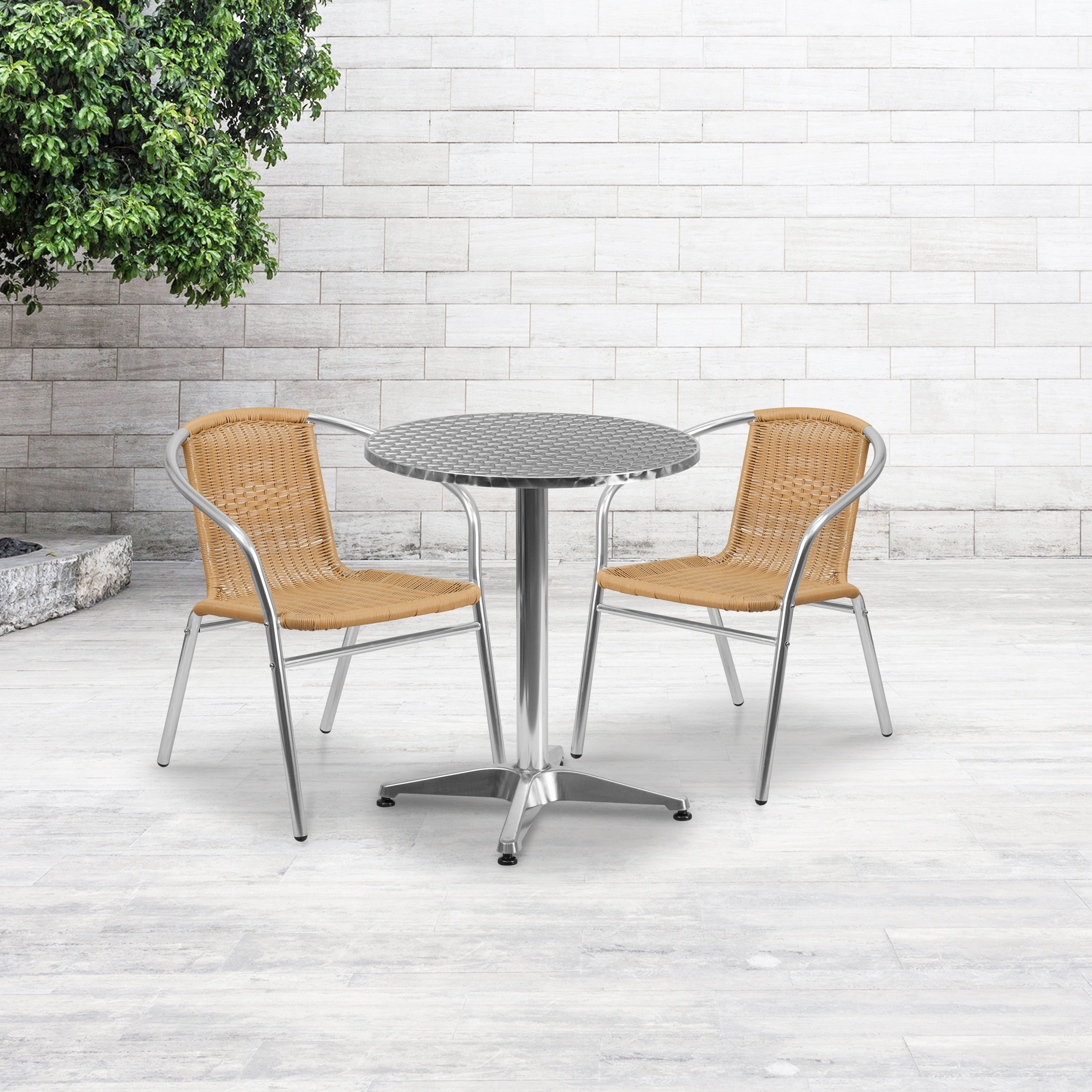 Emma + Oliver 23.5" Round Aluminum Table Set-2 Beige Rattan Chairs