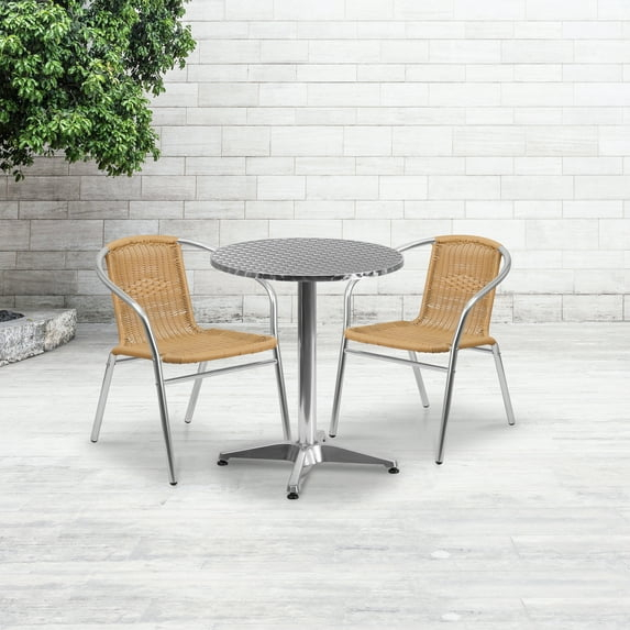 Emma + Oliver 23.5" Round Aluminum Table Set-2 Beige Rattan Chairs