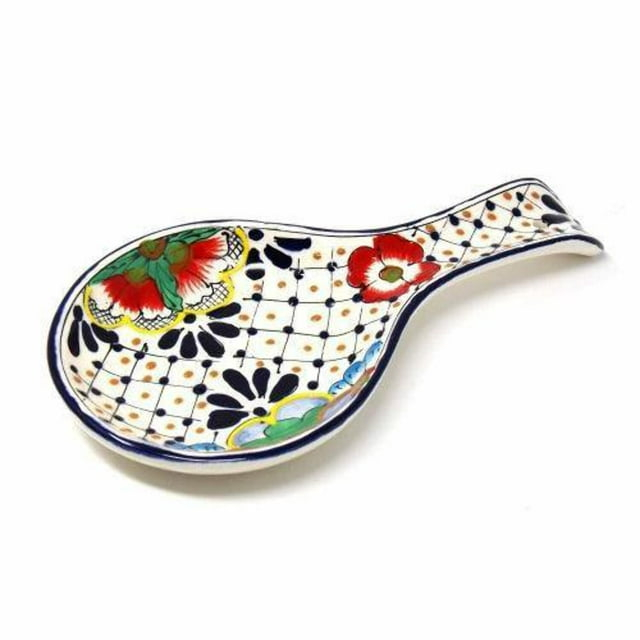 Encantada MC125D Handmade Pottery Spoon Rest, Dots & Flowers