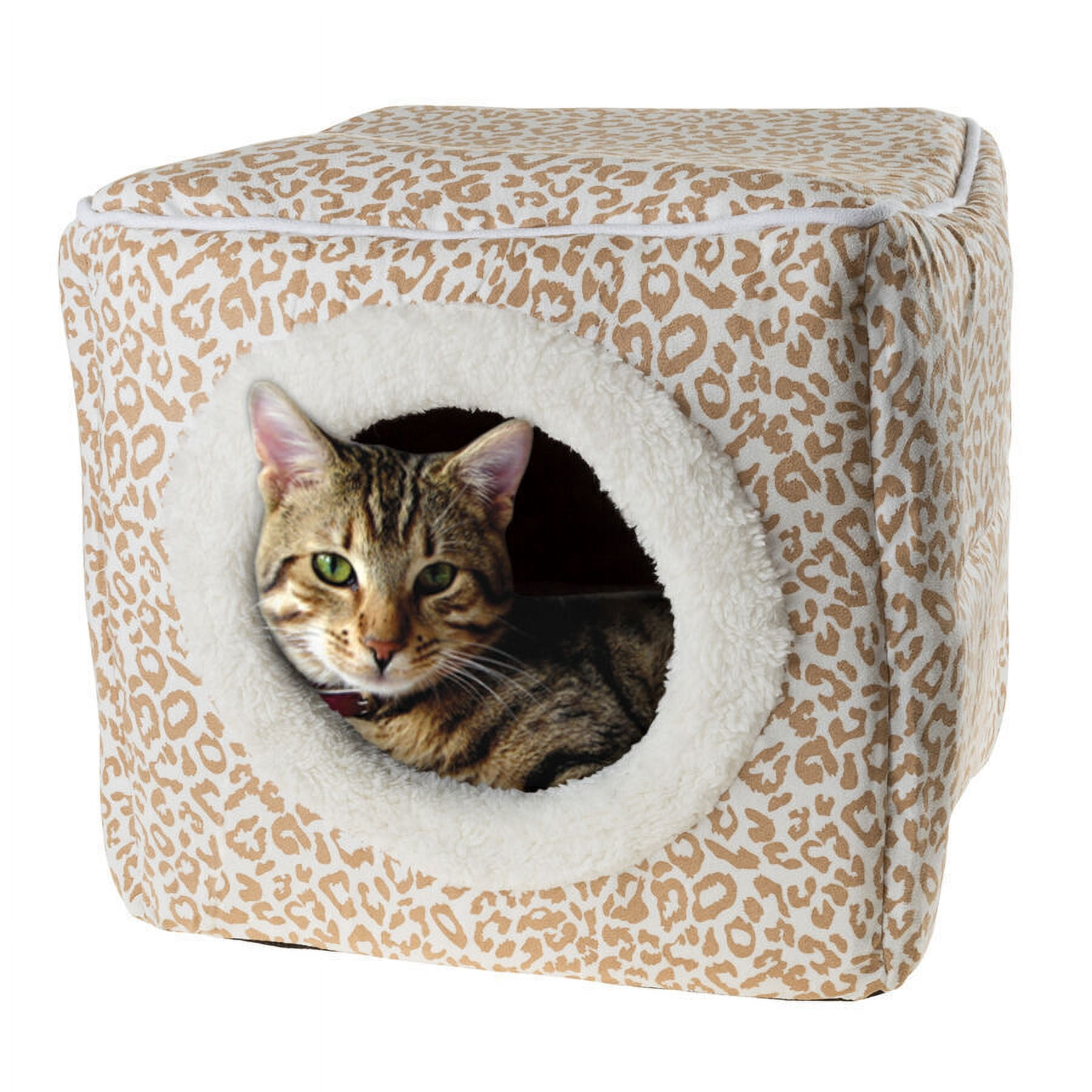 Enclosed Cat Cave Hideout Pet Bed Tan Animal Print Removable Cushion