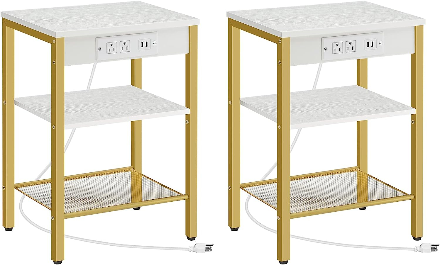 End Tables Set of 2 with Charging Station and USB Ports, 3-Tier Nightstands with Adjustable Shelves, Small Side Tables for Small Space in Living Room, Bedroom, White and Gold DW112BZP201G1