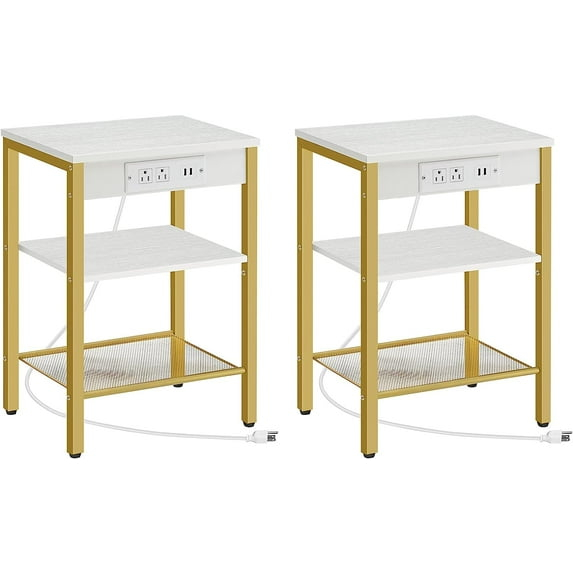 End Tables Set of 2 with Charging Station and USB Ports, 3-Tier Nightstands with Adjustable Shelves, Small Side Tables for Small Space in Living Room, Bedroom, White and Gold DW112BZP201G1