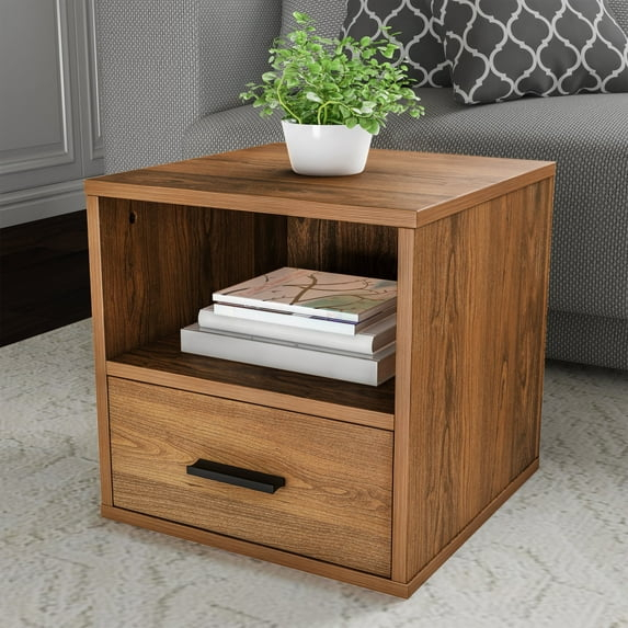 Lavish Home Modern Stackable Modular Cube End Table with Drawer (Brown)