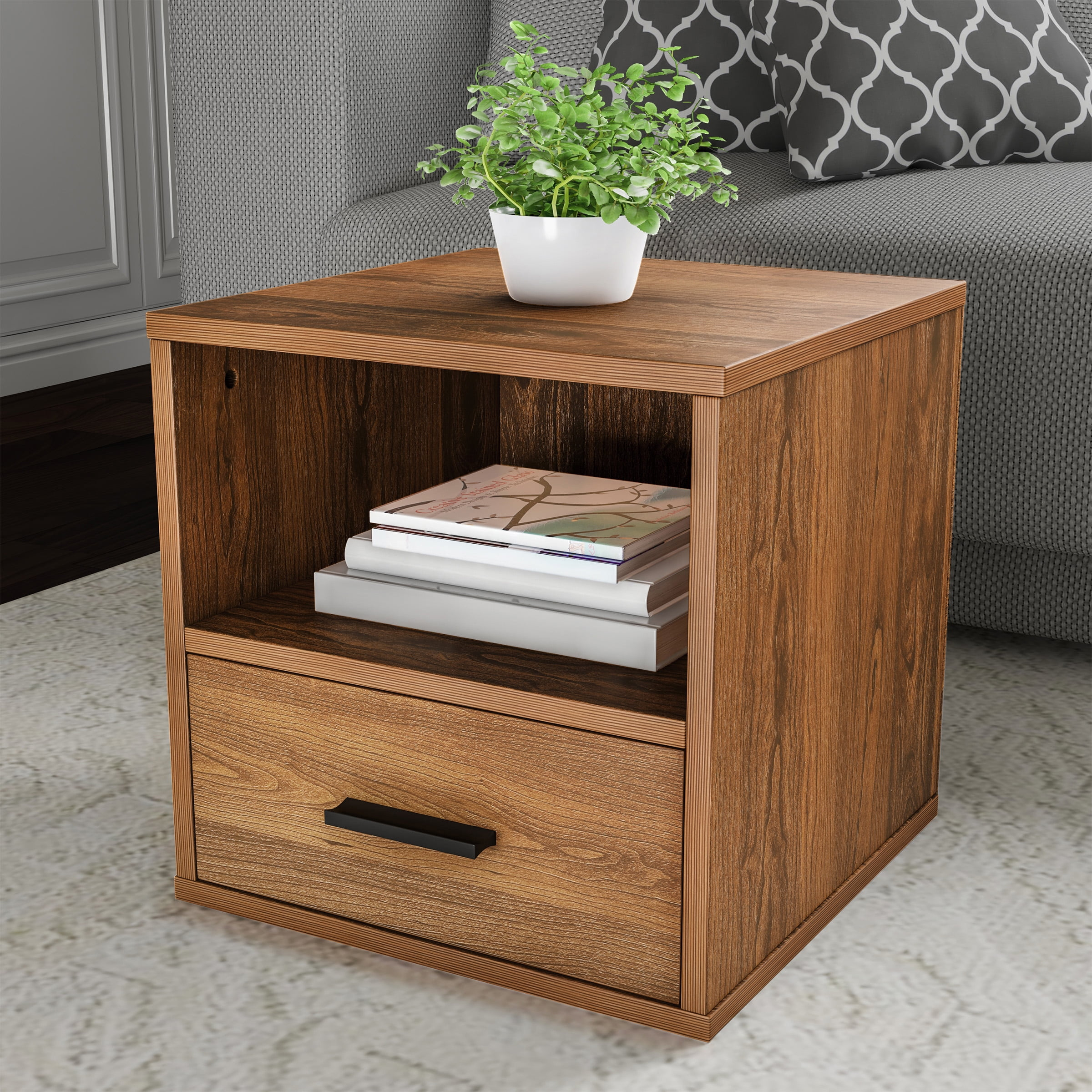 Lavish Home Modern Stackable Modular Cube End Table with Drawer (Brown)