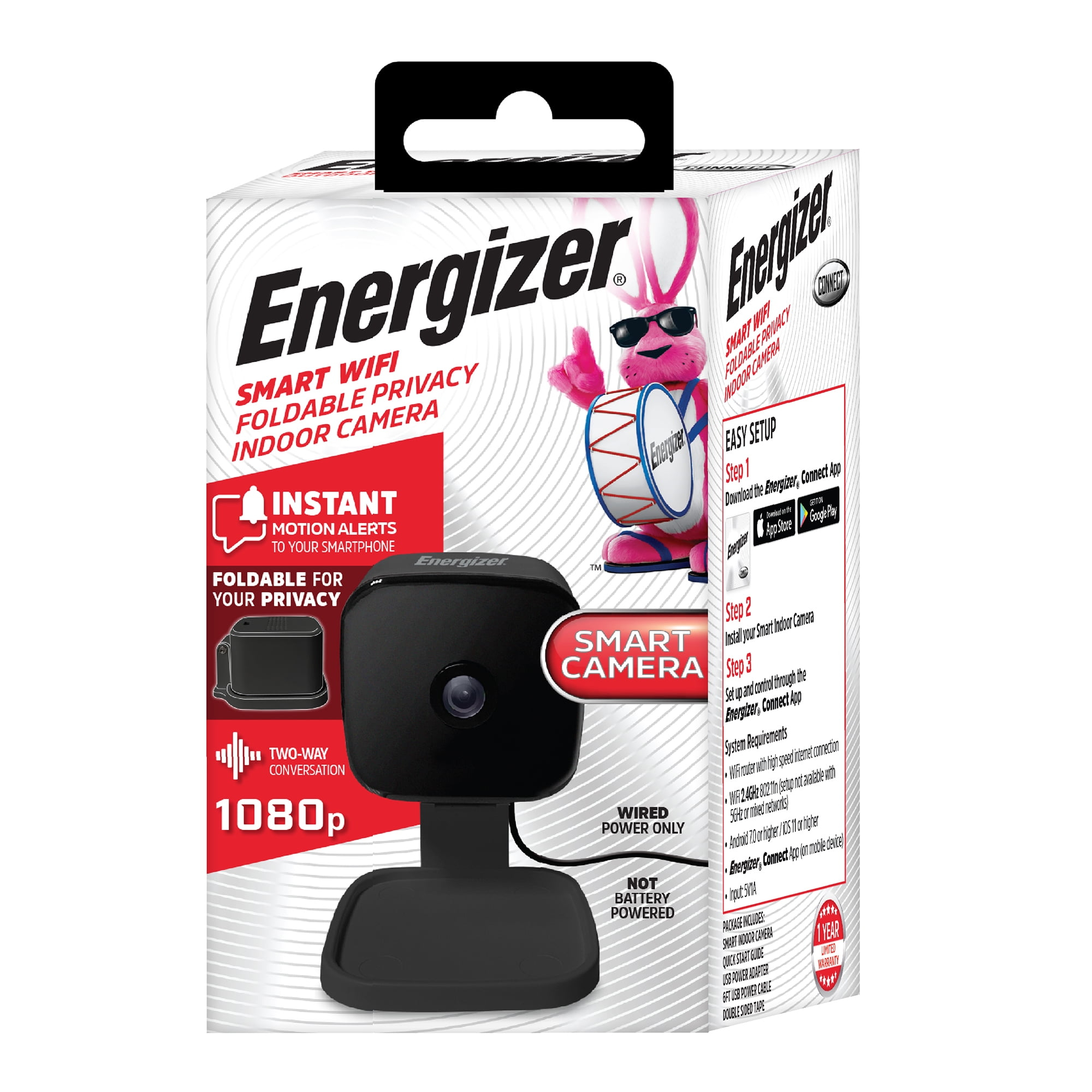 Energizer Connect Foldable 1080P HD Indoor Black Security Camera, Motion Alerts, Corded Electric