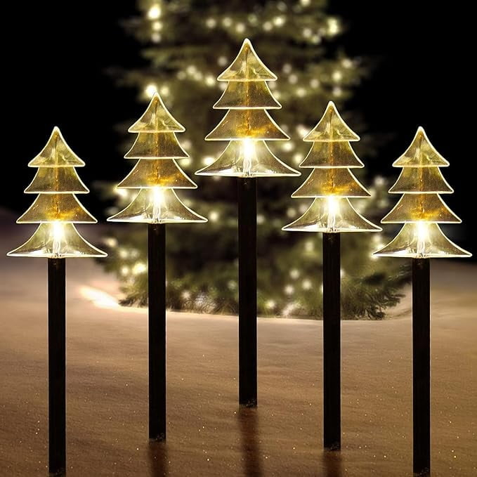 Enkey Christmas Solar Pathway Lights, Set of 5 Waterproof Landscape Christmas Lights, Stake Christmas Decorations, LED Lights for Yard Lawn Patio Walkway Decor (5PCS-Warm White-Tree)