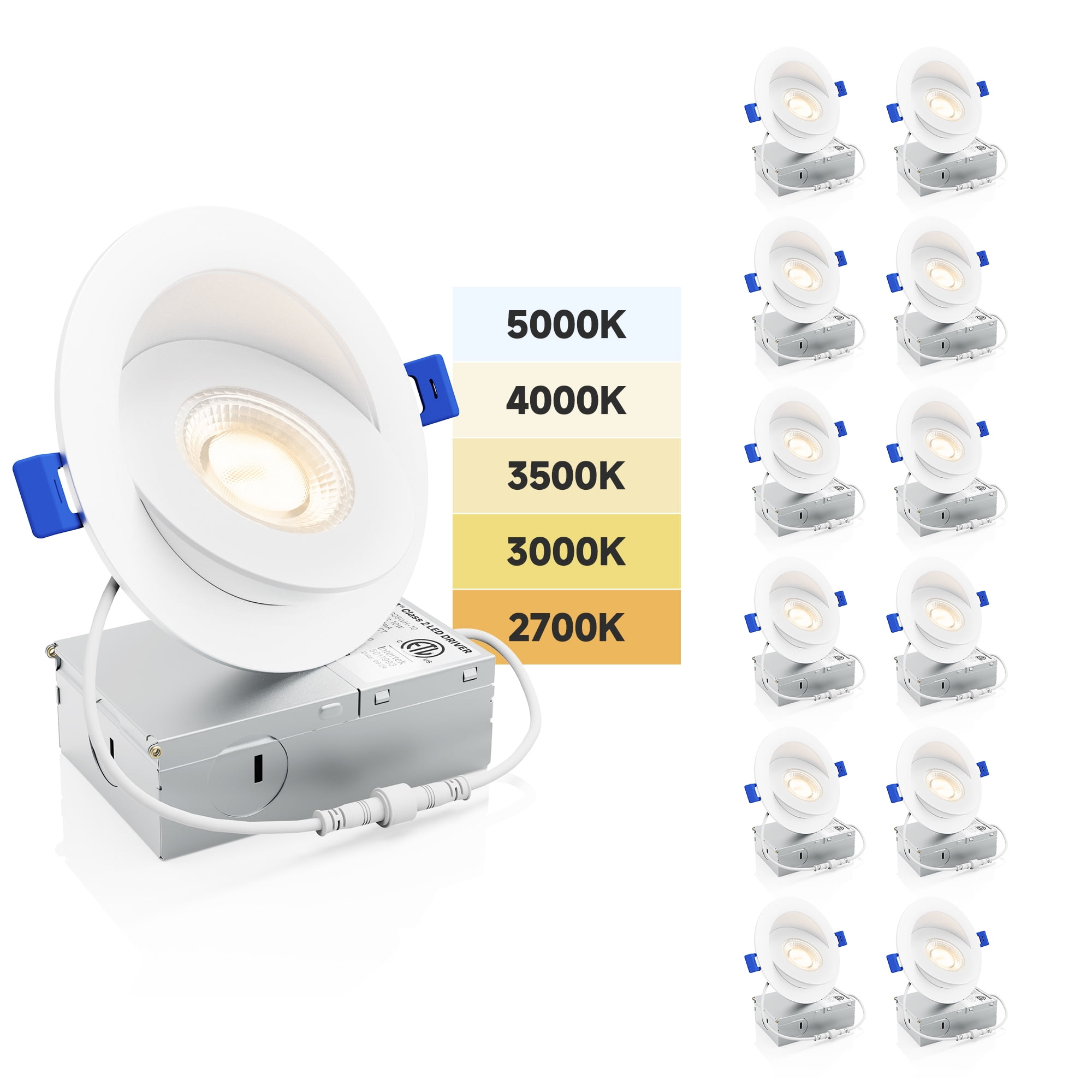 Ensenior 12 PACK 4 inch 5CCT LED Gimbal Led Recessed Light with Junction Box, 360°+90° Adjustable Directional Eyeball Lighting, Dimmable, 2700K/3000K/3500K/4000K/5000K, 950LM, 10W=85W-ETL&FCC