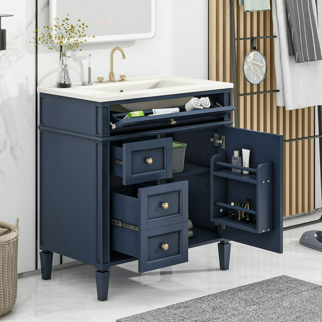 Bathroom Vanity with Sink, Solid Wood MDF, Modern Storage Cabinet with Tip-out Drawer, Amber Storage System, Soft Close Drawers, Blue