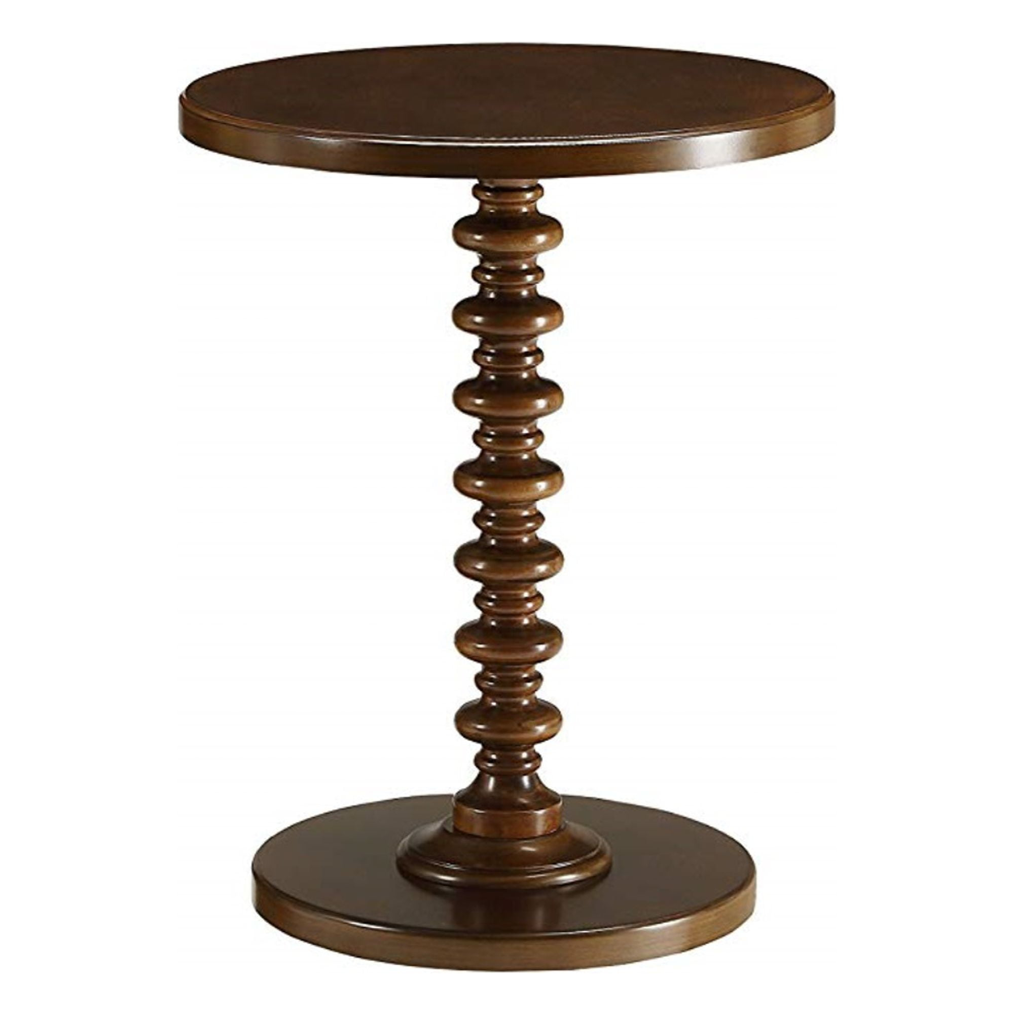 17 Inch Round Wood Side Table, Turned Support, Walnut Brown- Saltoro Sherpi