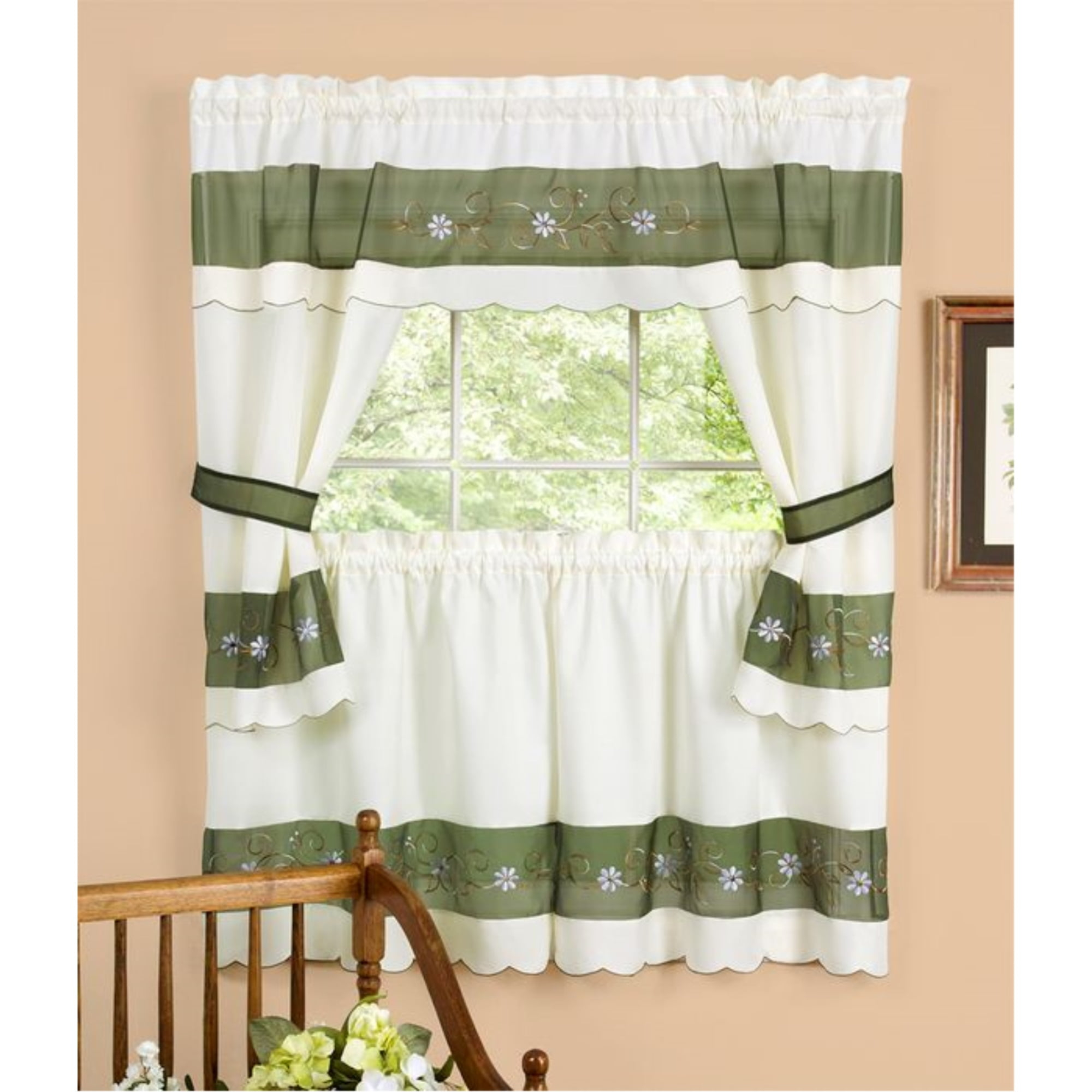 Home Furnishing Berkshire Window Curtains 3-Piece Embellished Cottage Set - 56" (W) x 24" (L) Complete Set, Green