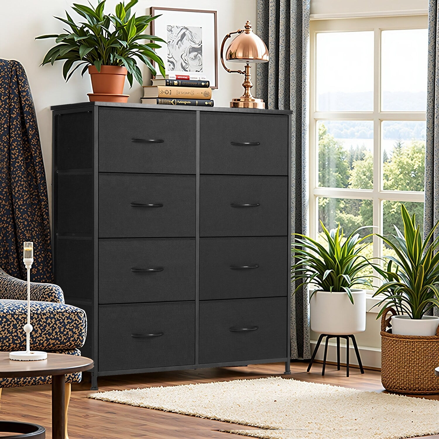 Dresser for Bedroom, 8 Storage Drawers, Tall Fabric Closet Chests Organizer Tower Furniture with Wooden Top Metal Frame Black