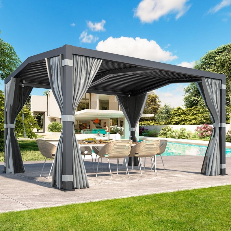 Erommy  Outdoor Louvered Pergola Gazebo with Adjustable Aluminum Rainproof Roof and Pull-Down Screen 11'x13' A Shape - Grey