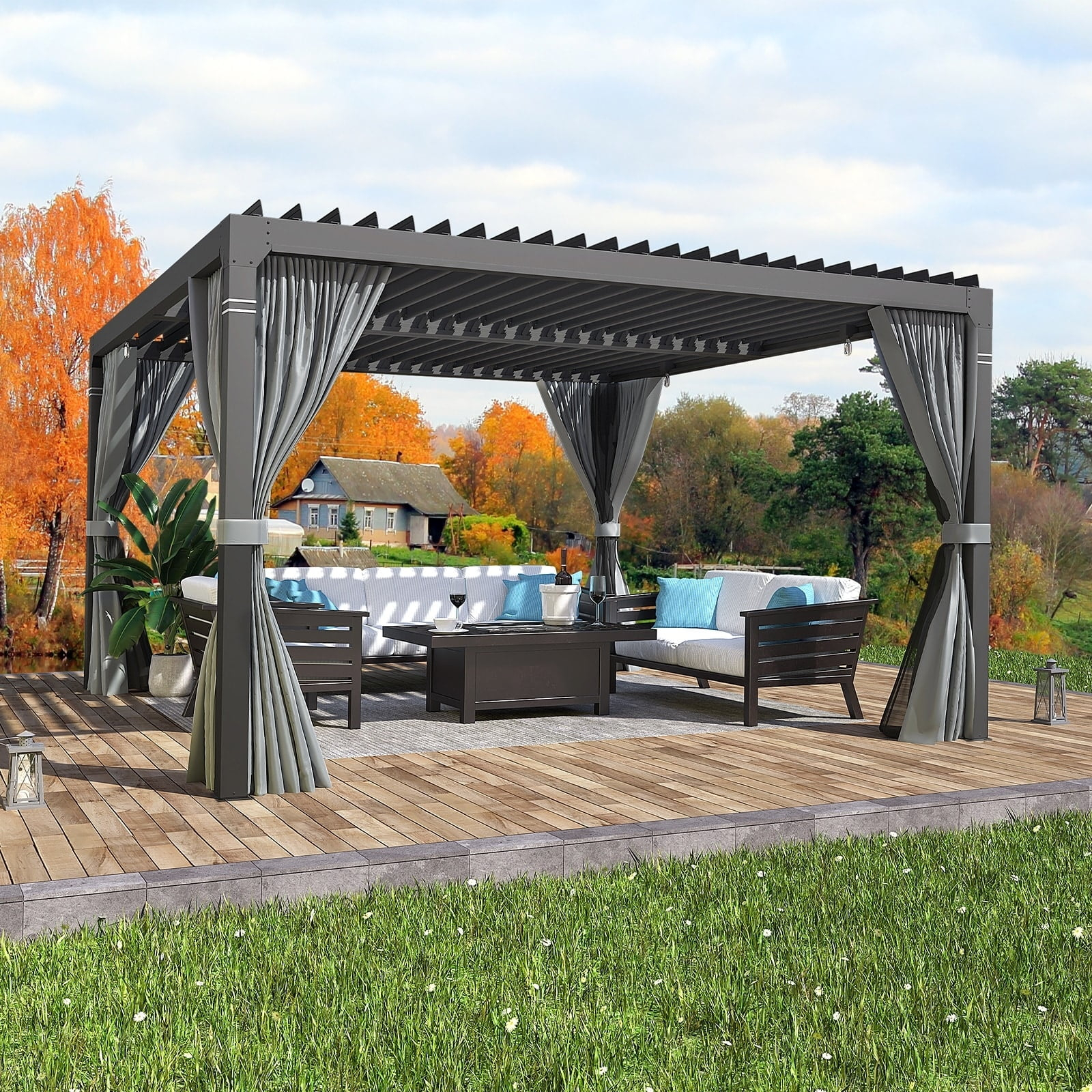 Erommy Outdoor Louvered Pergola, Outdoor Patio Hardtop Gazebo, Adjustable Metal Roof Curtains and Netting Included 10' x 10' - Black