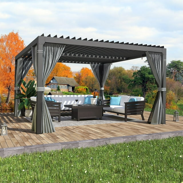 Erommy Outdoor Louvered Pergola, Outdoor Patio Hardtop Gazebo, Adjustable Metal Roof Curtains and Netting Included 10' x 10' - Black