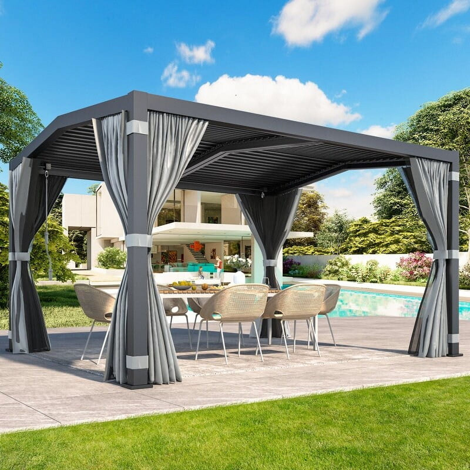 Erommy  Outdoor Louvered Pergola Gazebo with Adjustable Aluminum Rainproof Roof and Pull-Down Screen 11'x13' A Shape - Grey