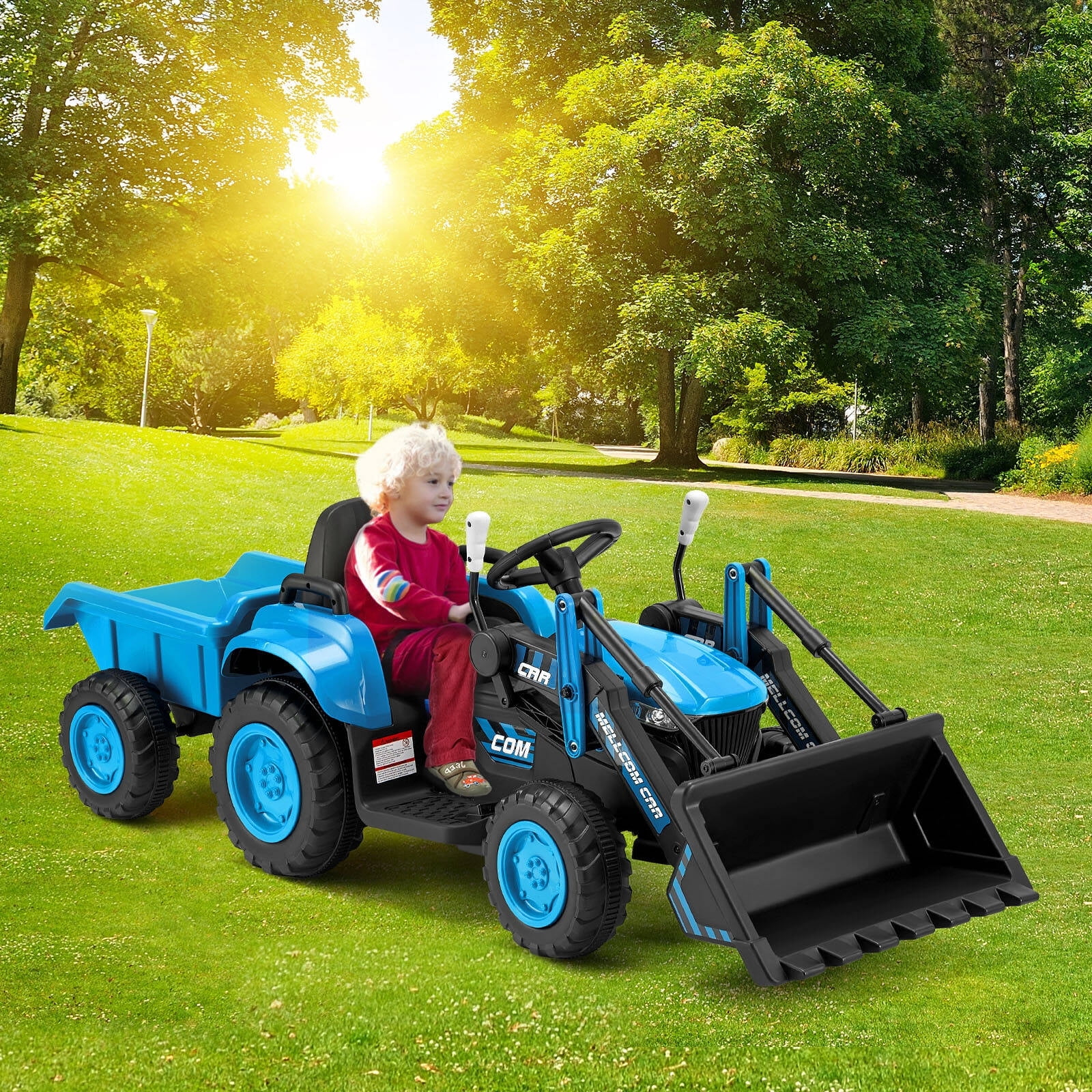 Erommy Ride on Bulldozer Toys with Remote Control, 12 V Battery Powered Ride on Tractor with Trailer, Front Loader Bucket, Horn, Lights, Music