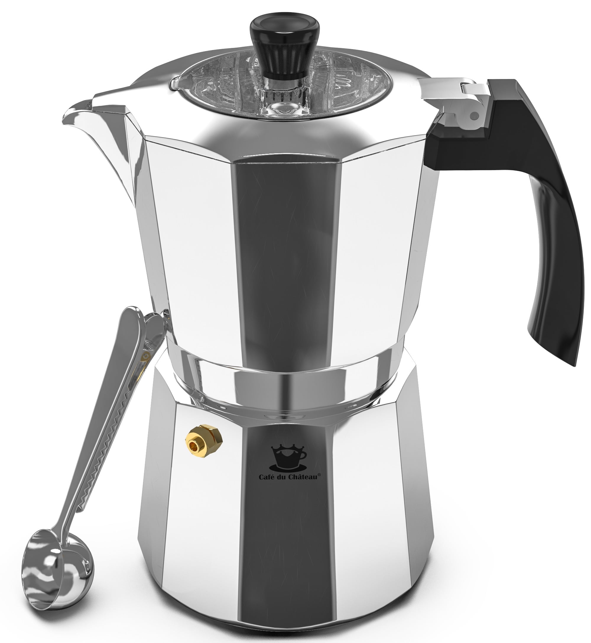 Espresso Maker by Cafe Du Chateau (313.5ml) Transparent Top Lid, High Gloss Finish, Free Coffee Clip Spoon, Coffee Percolator