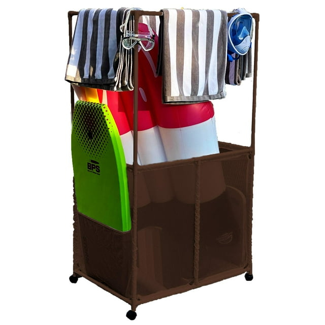 Essentially Yours Pool Equipment Holder with Towel Drying Bars, Mesh Rolling Double Decker Multi Use Storage Organizer Bin, Extra Large with Towel Hanger, (34.5" W x 25" L x 62.6" H), Brown Style 4185