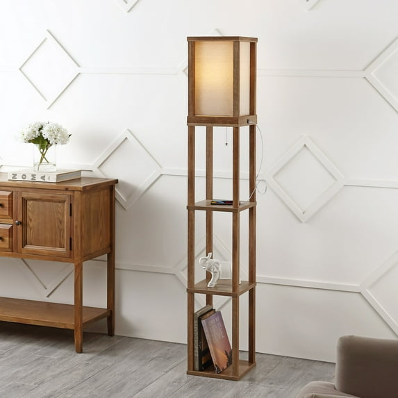 Etagere 63.5" Rustic Bohemian Wooden LED 3-Shelf Floor Lamp with Pull-Chain, USB Charging Port and Smart Bulb, Brown