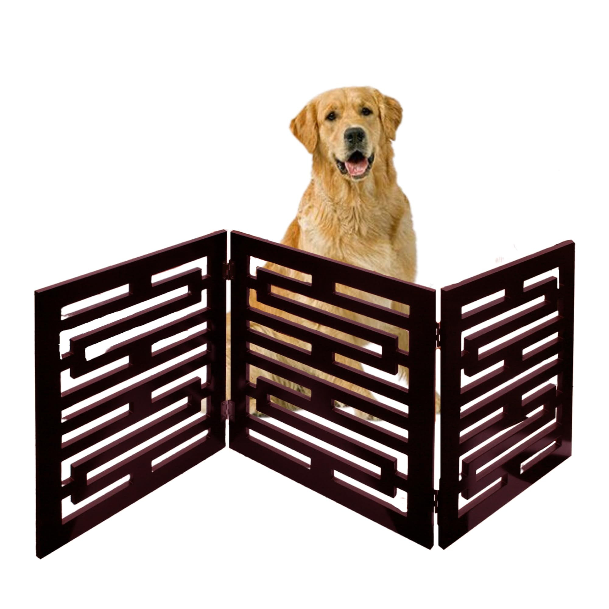 Etna 3-Panel Wooden Pet Gate, Avant Garde Design, Mahogany - Tri Fold Dog Gates for Doorways, Stairs, Puppy Safety - Free Standing Pet Barrier for Indoor/Outdoor Use - 47.5" Wide x 19" Tall