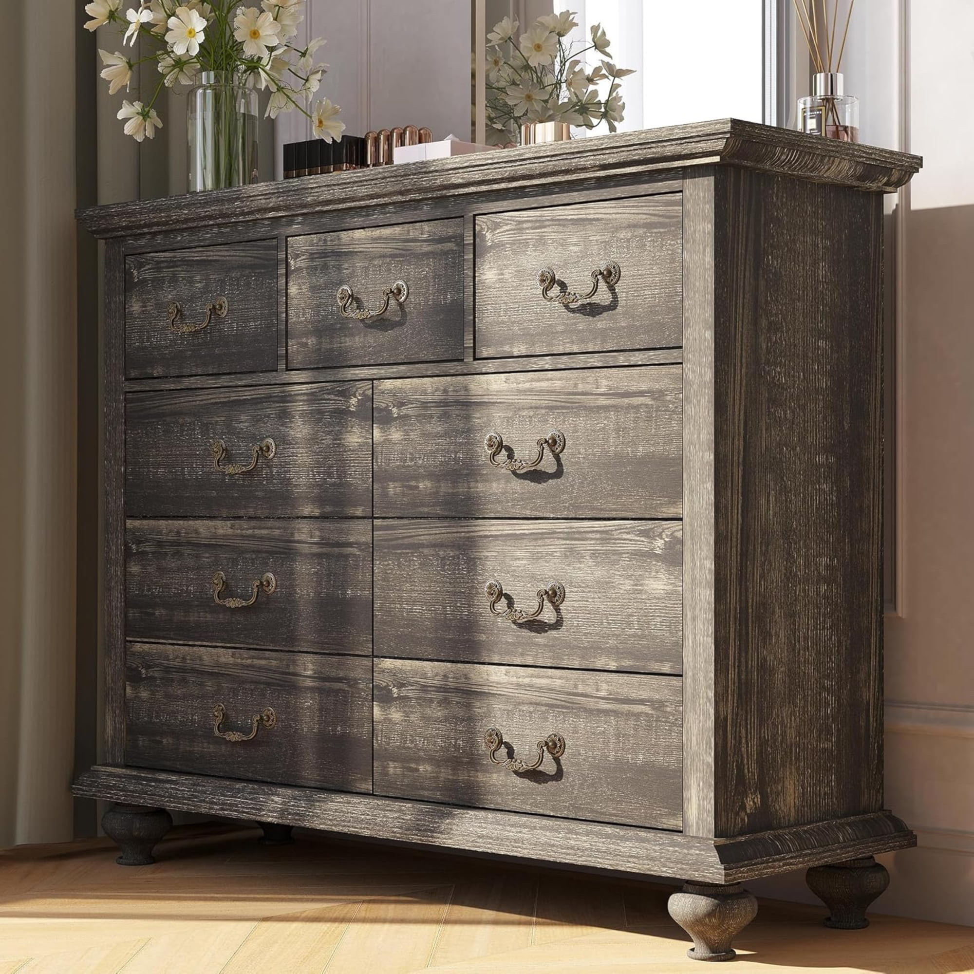 Black Rustic Wood 9-Drawer Dresser with Carved Handles