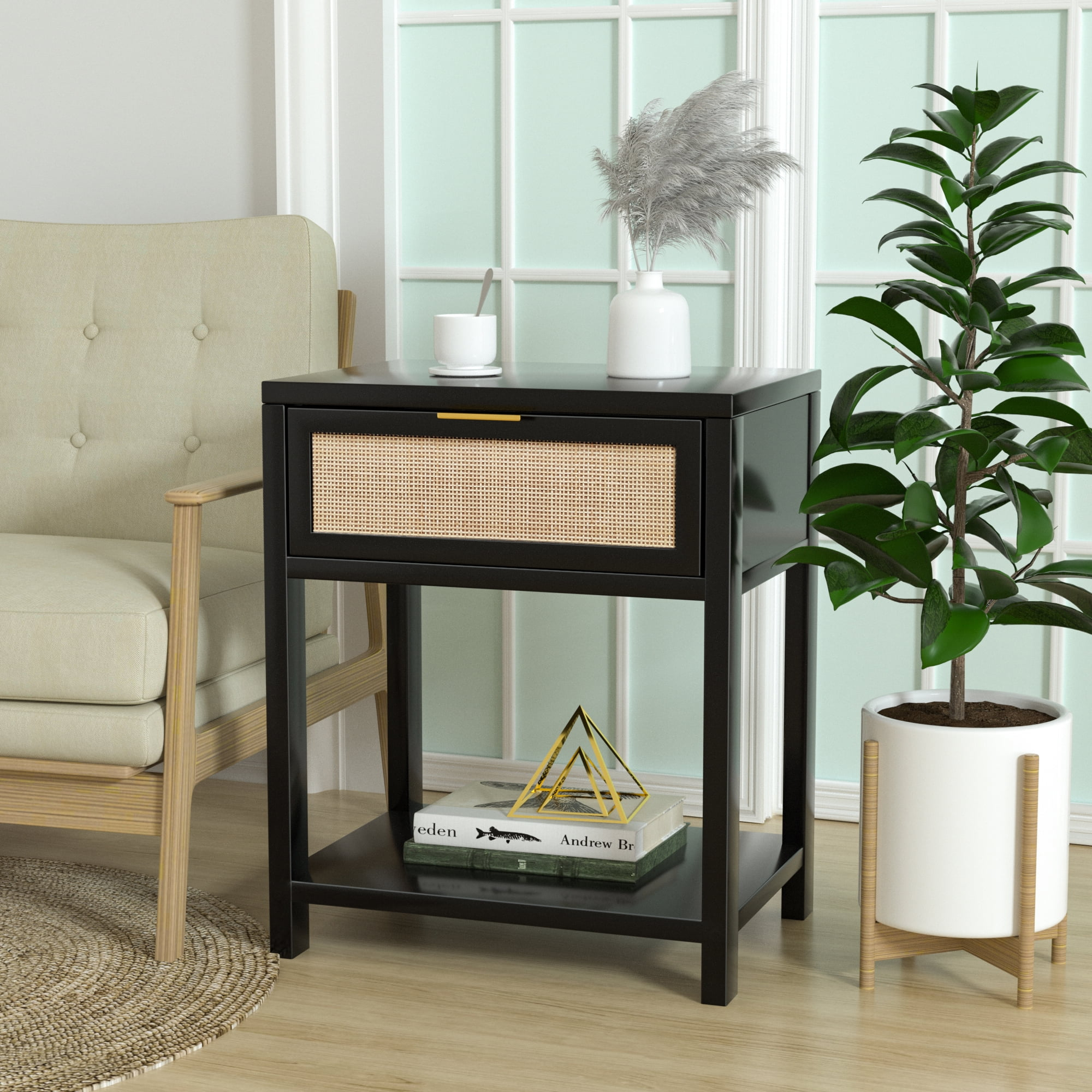 Eumyviv 24" H Wood Nightstand, Mid-Century Modern End Table with Storage Drawer, Rattan Bedside Table, Black Finished Sofa Side Table for Living Room Bedroom,H0020