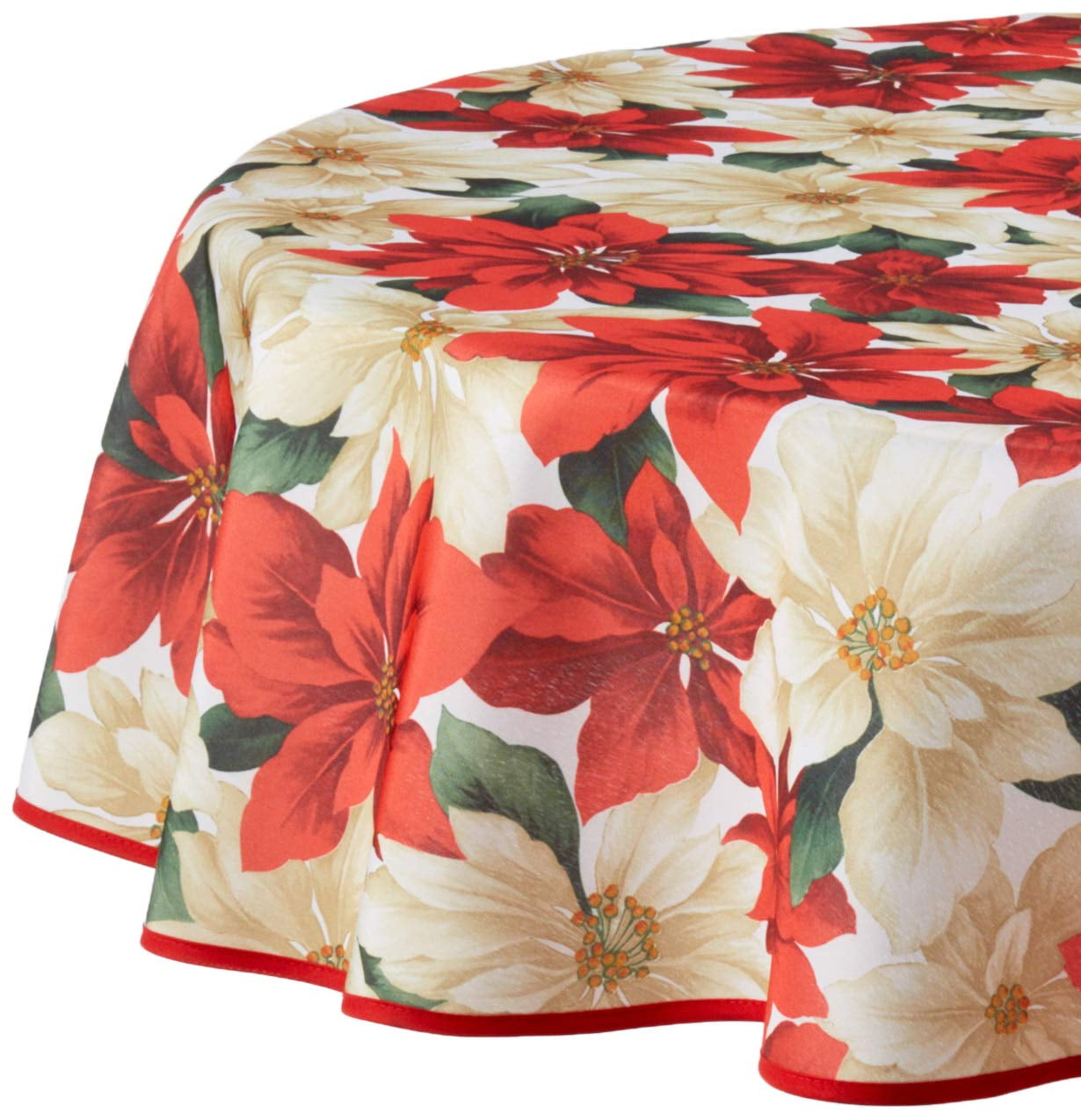 European Holiday Christmas Poinsettia Floral Design Printed Tablecloth - Beige - 60" Round