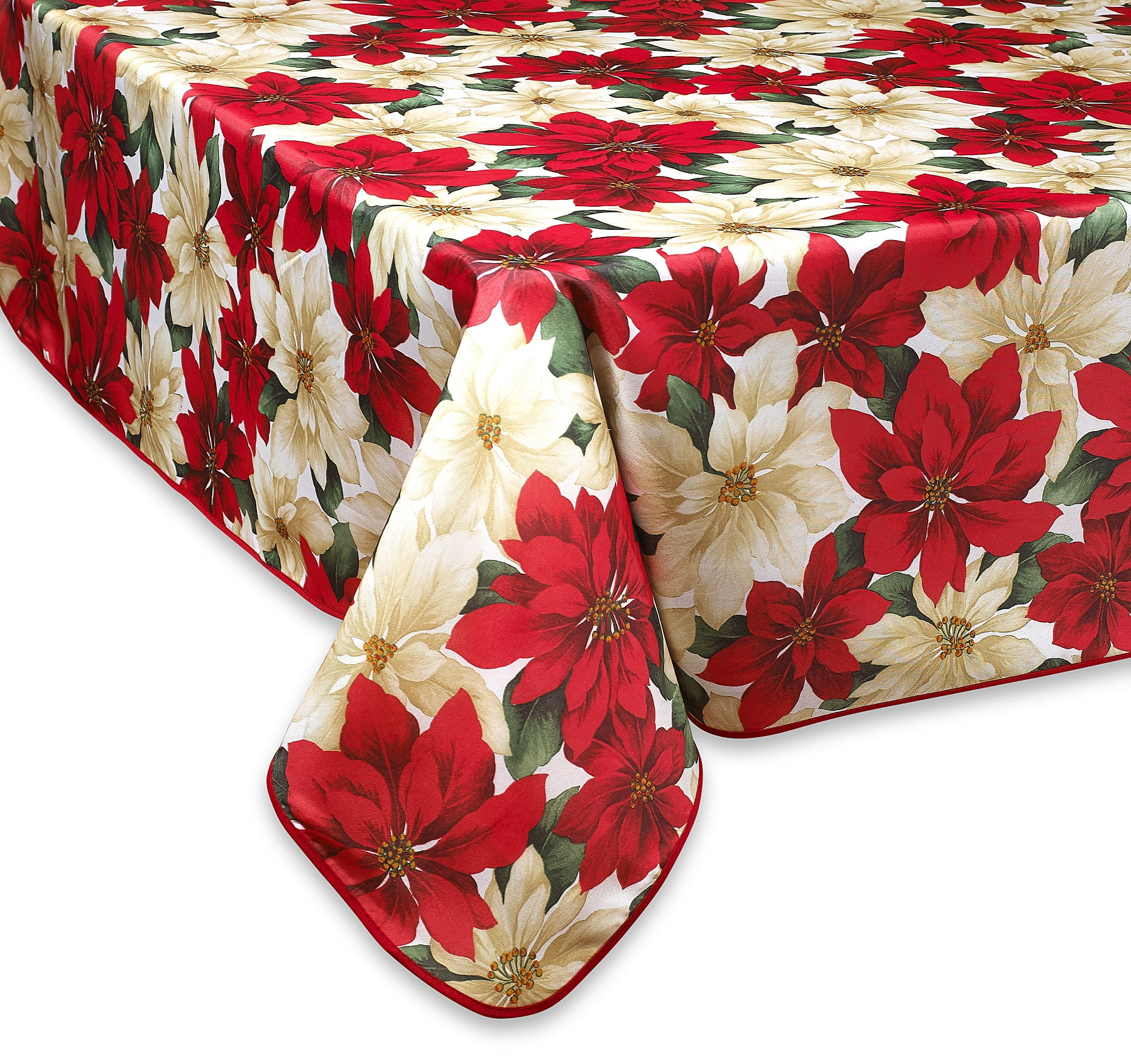European Holiday Christmas Poinsettia Floral Design Printed Tablecloth - Beige - 60" by 120" Oblong / Rectangle